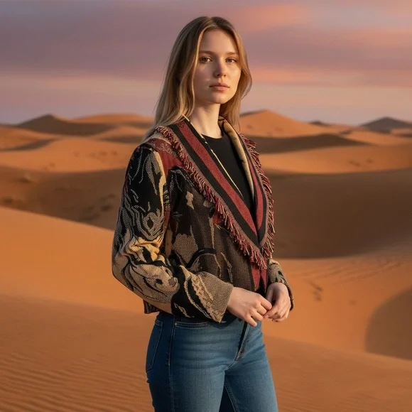 VINTAGE Cropped Horse Print Fringed Throw Blanket Western Jacket - Picture 3 of 14